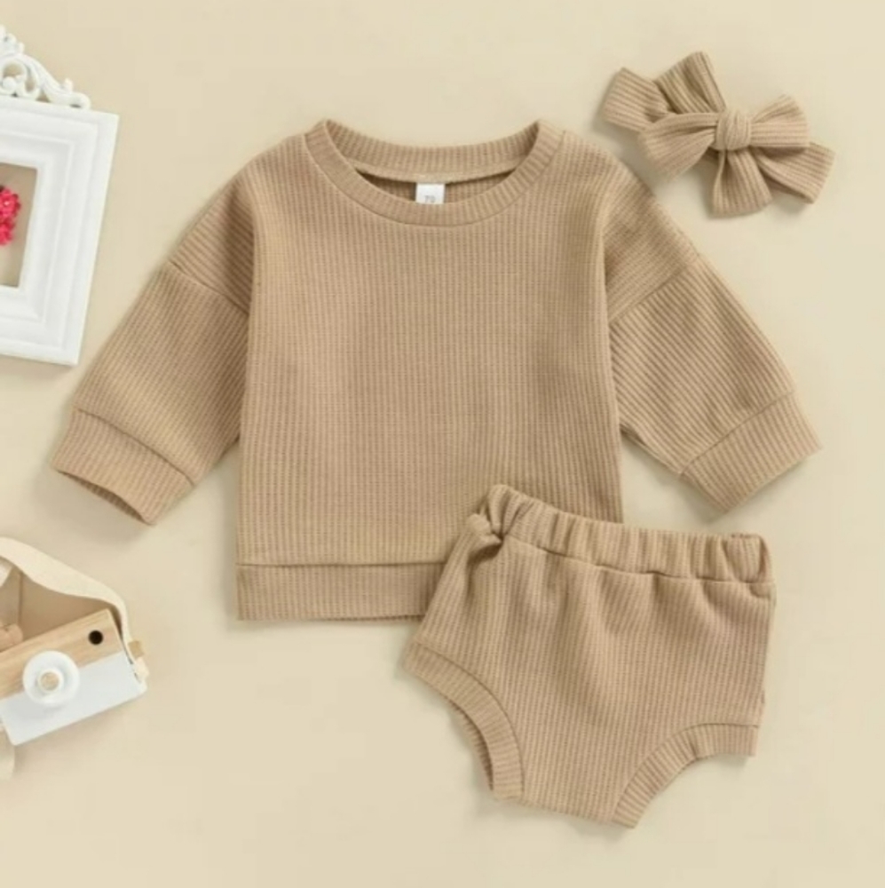 Boho Baby Girl Neutral Waffle Knit Sweater Shorts 3Pcs Khaki Toddler Set 18-24M